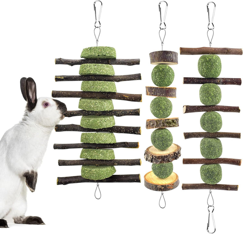 ERKOON Bunny Chew Toys, Rabbit Chew Toys for Teeth Grinding, Improve Dental Health, 100% Natural Apple Wood Timothy Gras