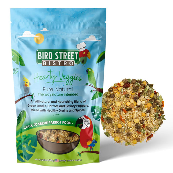 Bird Street Bistro Parrot Food for Parakeets & Cockatiels - Hearty Veggies - 20 oz - Cooks in 3-15 min, Natural Grains, Fruits & Vegetables - USA Made