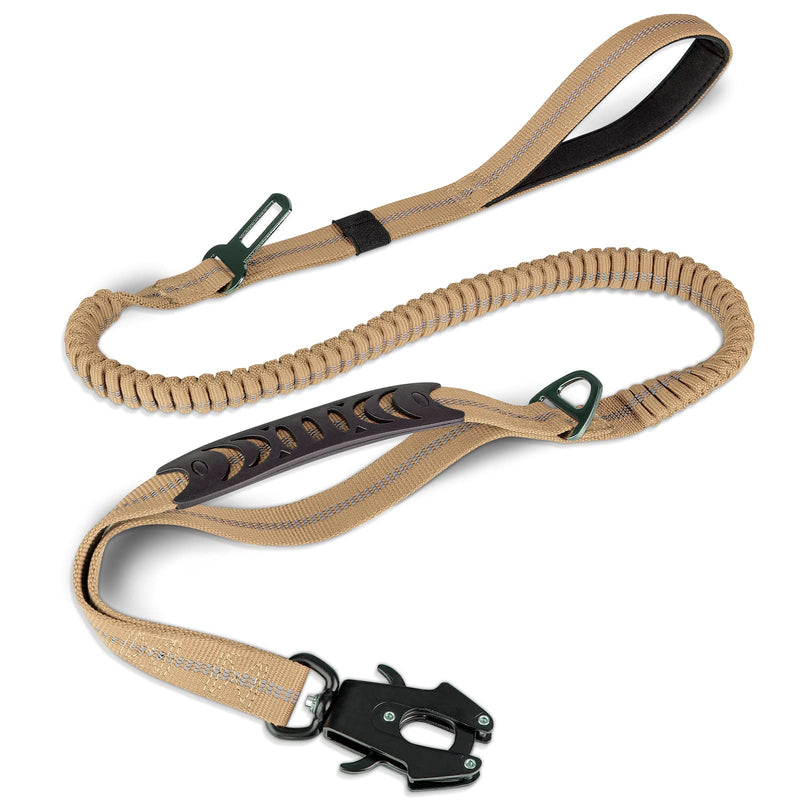 Joytale Tactical Dog Leash Heavy Duty, 4-6FT Shock Absorbing Bungee Lead with 2 Padded Handle, Metal Carabiner Clip, Car Seatbelt, Strong No Pull Leash for Medium Large X-Large Dogs, Coyote Brown