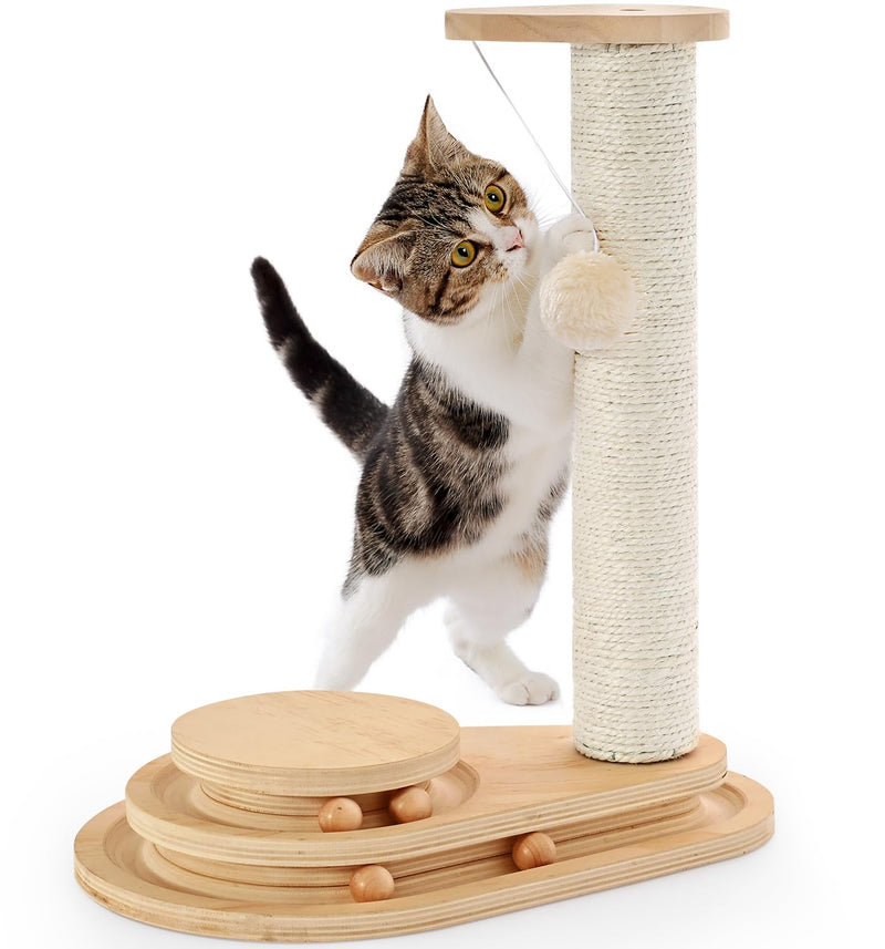 Made4Pets Cat Scratching Post Cat Scratcher Kitten Toys for Indoor Cats Wooden Ball Track Two-Layer Modern Sisal 17.7