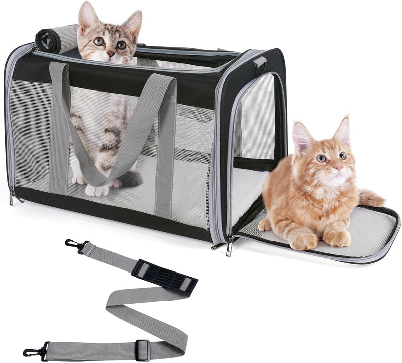TIYOLAT Pet Carrier for Large Cats of 20 Lbs, Collapsible Carrier Bag for Big Cat or 2 Kittens,Soft Sided Puppy Carrier with Sturdy Travel Transport Strap, Adequate Ventilation, 4 Mesh Windows (Black)