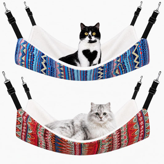 Jetec 2 Pack Cat Hammock for Cage, Catio Accessories Reversible Soft Cats Bed with Adjustable Straps and Hooks Double-Sided Linen and Fleece Hanging Hammock for Cats, Kitten(Ethnic Pattern,L)