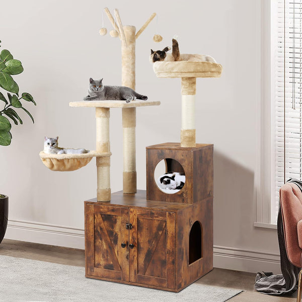 Timberer Cat Tree Tower with Litter Box Enclosure, 2-in-1 Wooden Cat Condo with Sisal Scratching Post, Hammock, Brown