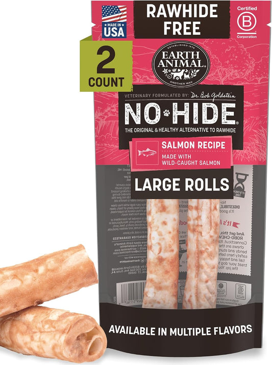 Earth Animal No Hide Chews - Long Lasting Rawhide Free Large Dog Chews Rolls, Salmon - 2 Count