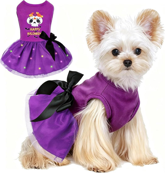 Halloween Dog Dress with Led Light,Small Dog Halloween Costumes,Pumpkin Skull Holiday Dog Clothes for Small Dogs Girl,Ha