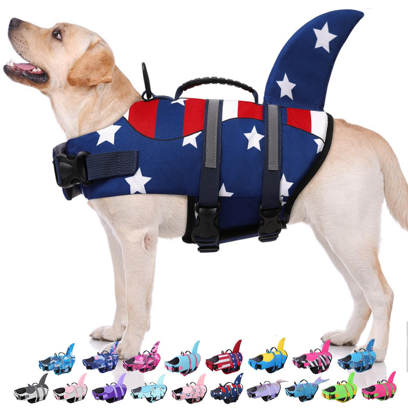 Bess Bridal Dog Life Jacket - Shark Life Vest for Swimming Boating - Reflective Lifejacket Swimsuit for Small Medium Large Dogs - High Buoyancy Lifesaver Preserver with Rescue Handle, USA Flag XL