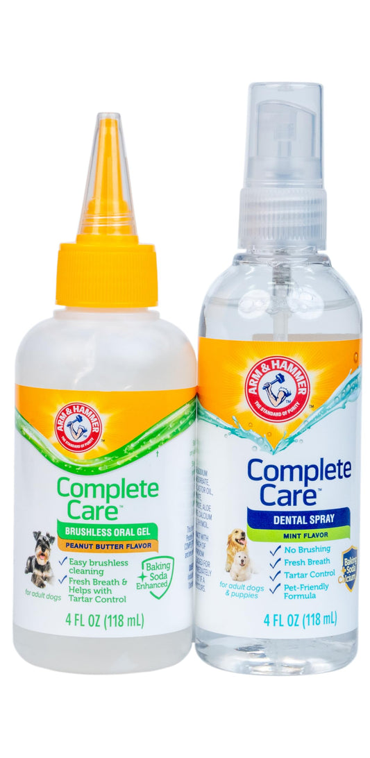 Arm & Hammer Complete Care Brushless Dental Kit for Dogs – Includes No-Brush Oral Gel + Dog Dental Spray, Fresh Breath, Tartar Control, Baking Soda Enhanced Dental Dog Supplies, 4 Fl Oz Each