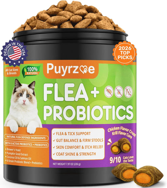Puyrzoe Natural Flea and Tick Prevention for Cats, Itch Relief, Skin & Coat Support, 500 Chews with 6-Strain Probiotics, Gut & Immune Health, Flea Treatment for Cats, Chicken Flavor, All Breeds & Ages