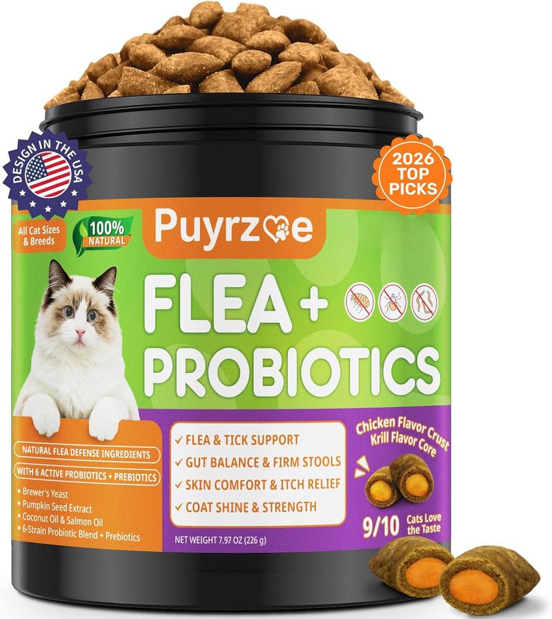 Puyrzoe Natural Flea and Tick Prevention for Cats, Itch Relief, Skin & Coat Support, 500 Chews with 6-Strain Probiotics, Gut & Immune Health, Flea Treatment for Cats, Chicken Flavor, All Breeds & Ages