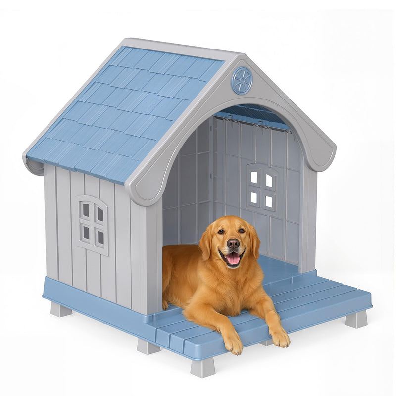 DRATO Dog House Resin Dog Kennel with Cute Elegant Design & Extended Elevated Floor, Dog Houses for Large Dogs Outside Weatherproof for Indoor & Outdoor Use
