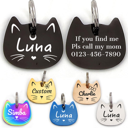 Stainless Steel Cat ID Tag Personalized Pet Tags with up to 4 Lines of Custom Text, Small Pet Mini Dog Cat Tag Lightweight, Engraved on Both Sides, Multiple Patterns Colors Size Options (cat)