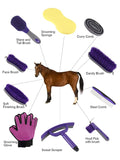 Horse Grooming Kit (12-Piece): Brushes, Storage Bag, Sweat Scraper, Mane Comb, Grooming Gloves - Purple Horse Gifts for 