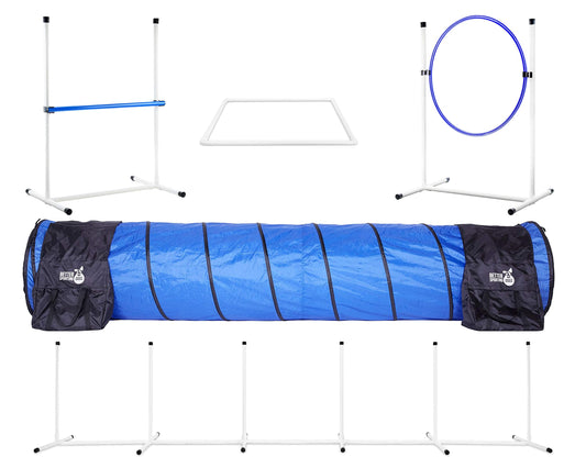 Better Sporting Dogs Complete Starter Agility Set for Dogs | 5 Piece Dog Agility Kit | Agility Jump | Tire Jump | Weave Poles | 10’ Tunnel with Sandbags | Pause Box