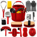 Horse Grooming Kit, 15-Piece Horse Brush Set with Red Tote Bag, Long Shedding Blade, Hoof Pick, Curry Comb, Sweat Scrape