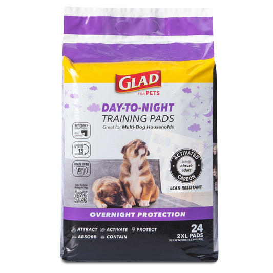 Glad for Pets Day to Night Activated Carbon Puppy Training Pads, Odor Control Disposable Dog Pads with Adhesive and Wall Protection, Leak Proof and Super Absorbent, 30 x 36 Inch, 24 Count