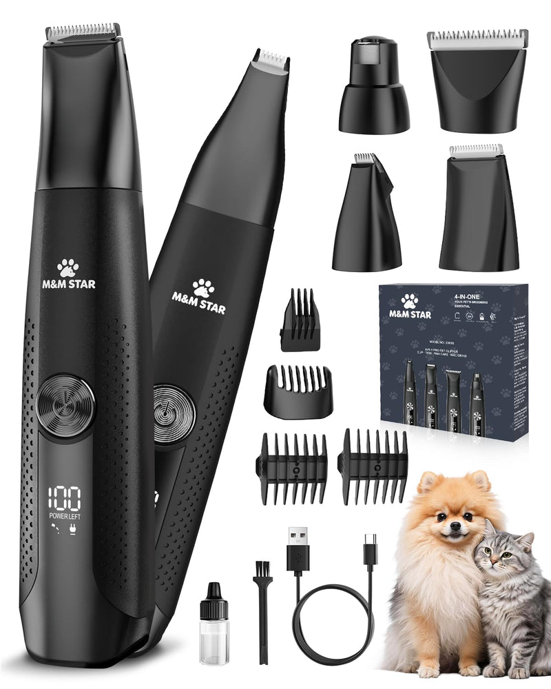 M&M STAR Dog Grooming Kit, 4-in-1 Dog Clippers for Grooming, Cordless Dog Hair Trimmer with Dog Paw Trimmer & Dog Nail Grinder, Low Noise Pet Clippers for Dogs Cats Face Ears Paws