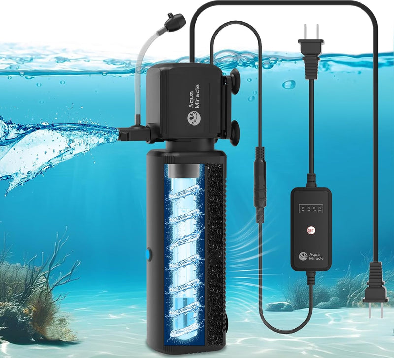AquaMiracle Aquarium Filter with U - V Light & Filter Sponge, Fish Tank Filter with Timer for Green Water, Turtle Filter
