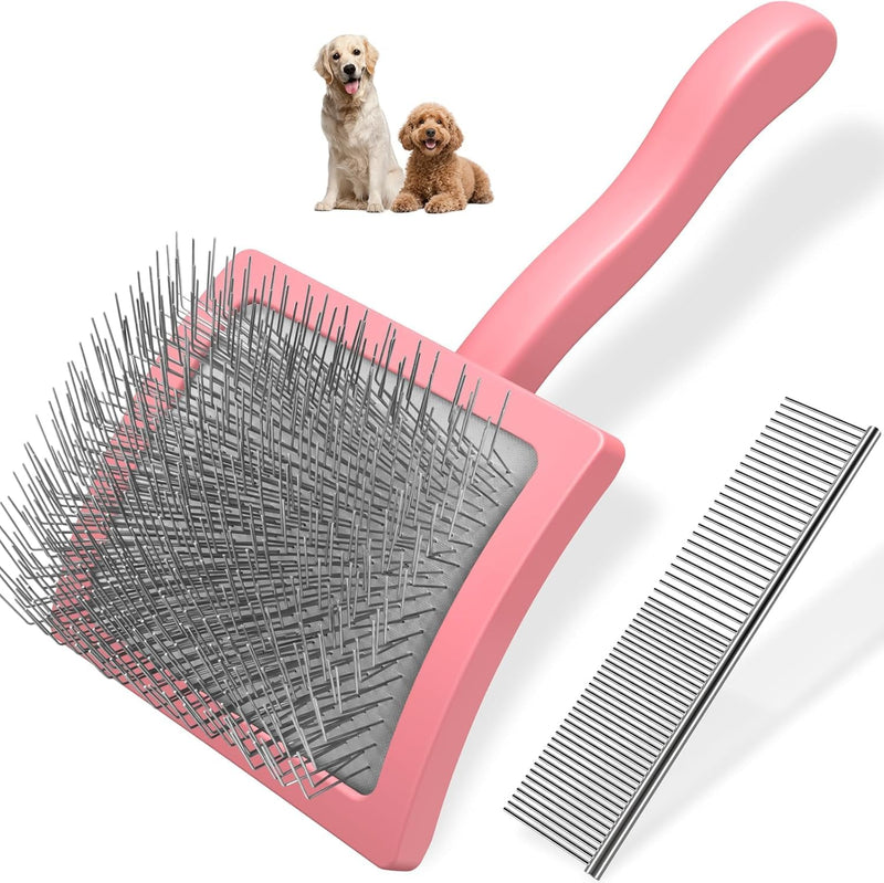 2PCS Slicker Brush for Dogs & Pet Comb,Professional Dog Grooming Brush (Goldendoodles,Poodles,Labradoodles) with Extra Long Pins to Effectively Remove Tangles, Knots and Mats (Light Pink, Large)