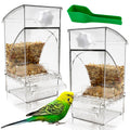 Hamiledyi 2Pcs No Mess Bird Feeder Automatic Bird Cage Feeder Transparent Acrylic Parrot Seed Food Container with Perch for Parakeet Finch Lovebirds Budgies Canary