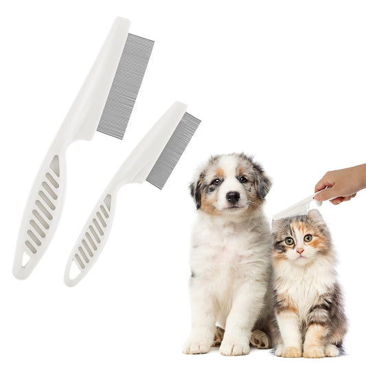 TIESOME 2PCS Stainless Steel Flea Comb for Dogs Cats, Tear Stain Remover Promotes Hair Growth Removes Loose Hair Fleas Dual-Size Grooming Brush for All Breeds(White)