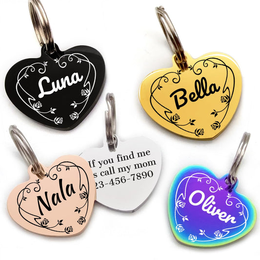 Personalized Dog Tags, Stainless Steel Pet Tags Personalized Cat, Collar Charm Engraved on Both Sides, up to 4 Lines of Custom Text, Multiple Patterns Colors Size Options (Flower, Large)