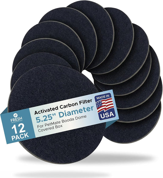 FRESH HEADQUARTERS 12-Pack Activated Carbon Litter Box Filters - Premium Pre Cut Cat Litter Filters Replacement - Compatible with PetMate Booda Dome Covered Box, Biodegradeable and Made in USA