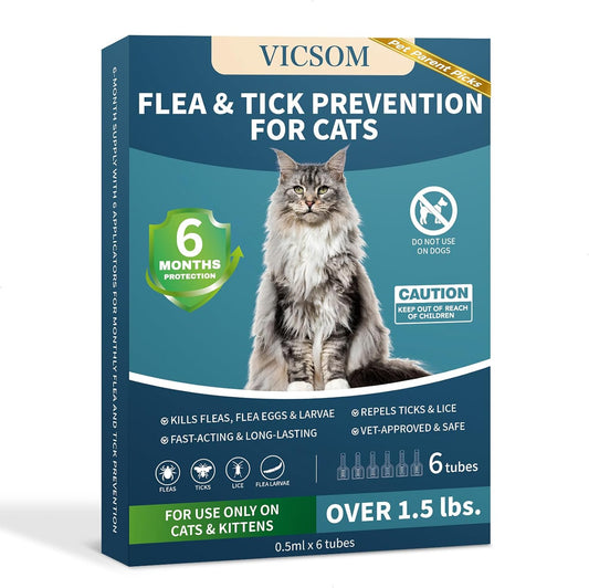 VICSOM Flea Treatment for Cat Flea and Tick Prevention for Cats Kitten, 6-Month Supply, Cat Flea Treatment & Control, Repellent, Fast Acting Topical Drops for Cats, Over 1.5 lbs, 24-Hour Protect