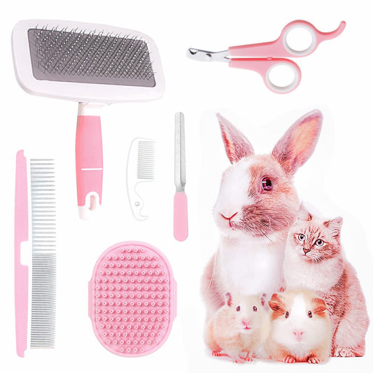 Small Animal Pet Grooming Kit with Pet Shedding Slicker Brush, Bath Massage Glove, Pet Grooming Comb, Nail Clipper Trimm