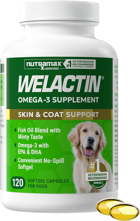 Nutramax Welactin Canine Softgels, Omega 3 Supplement for Dogs, Softgels, 120 Count