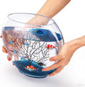 Okllen Mini Glass Fish Bowl, Oblate Small Fish Tank with Blue Aquarium Decor Sands and Plastic Coral Branch Tree Ornamen