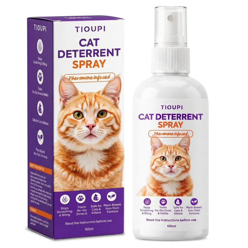 TIOUPI Cat Deterrent Spray – Natural Pheromone-Infused Anti-Scratch Spray for Cats & Kittens, Stops Urine Marking & Scratching, Safe for Indoor & Outdoor Use, Furniture & Carpet Protection, 150ml