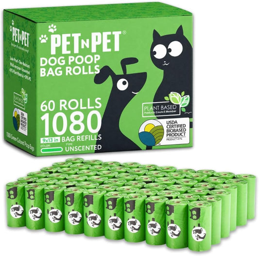 Pet N Pet 1080 Counts Green Poop Bags for Dogs, 41% Plant Based & 59% PE Extra Thick Dog Poop Bags Rolls, 9" x 13", Unscented Pet Waste Bag