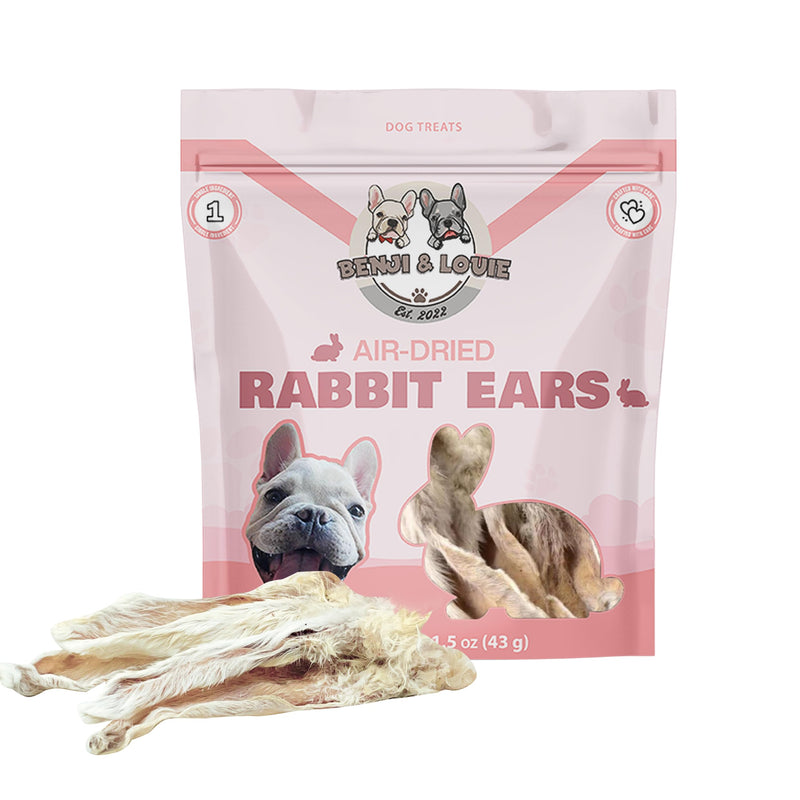 Benji & Louie Air Dried Whole Rabbit Ears with Fur - Natural Healthy Dog Treats or Dog Chews, Single Ingredient, 1.5 oz, 4 to 6 Count