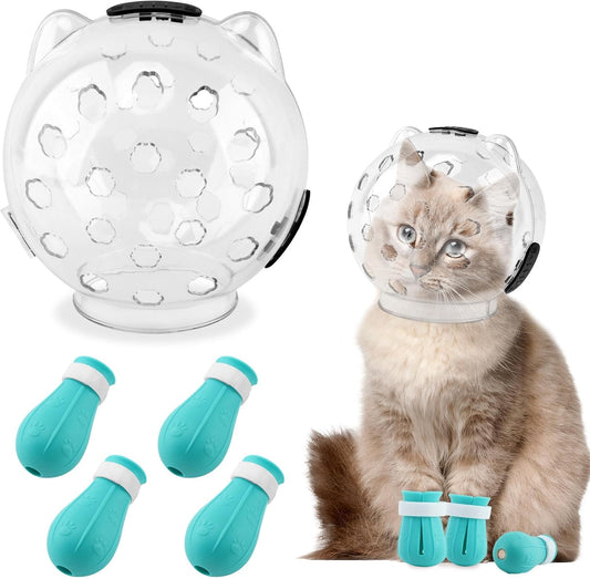 Saycker Cat Muzzle for Grooming, Transparent Cat Helmet with 4 Silicone Claw Covers, Adjustable Breathable Kitty Hood An