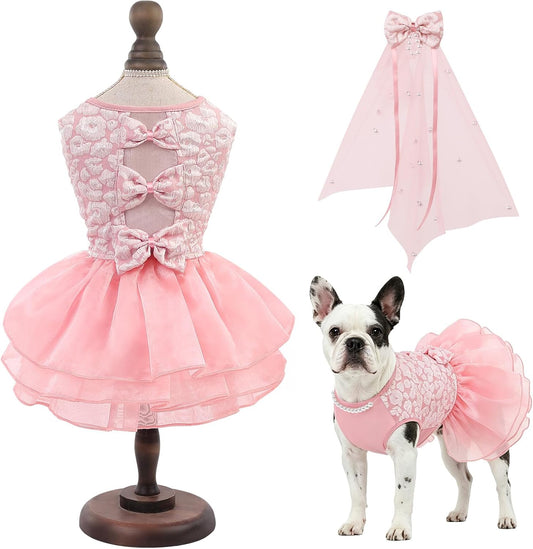 ASENKU Dog Dress, Dog Wedding Dress, Pet Lace Princess Dress with Bows for Wedding Birthday Party, Puppy Formal Apparel with Pearl Necklace for Large Dogs (Pink, XX-Large)