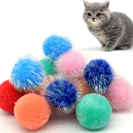 14-Pack Cat Toys Balls - No Bells Quiet Interactive Toys, Soft Pom Poms & Sparkle Balls for Kittens & Adult Cats, Safe f