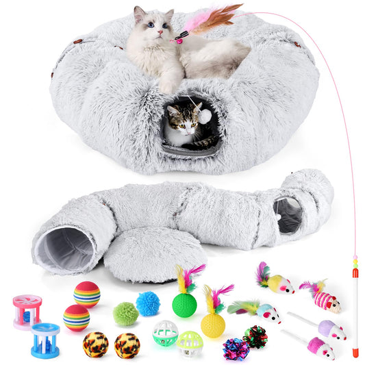 Cat Tunnel Bed with 20 Pcs Interactive Toys, 3-in-1 DIY Collapsible Plush Cat Tube with Washable Mat, Large Indoor Play Tunnel Cave for Kittens and Small Animals