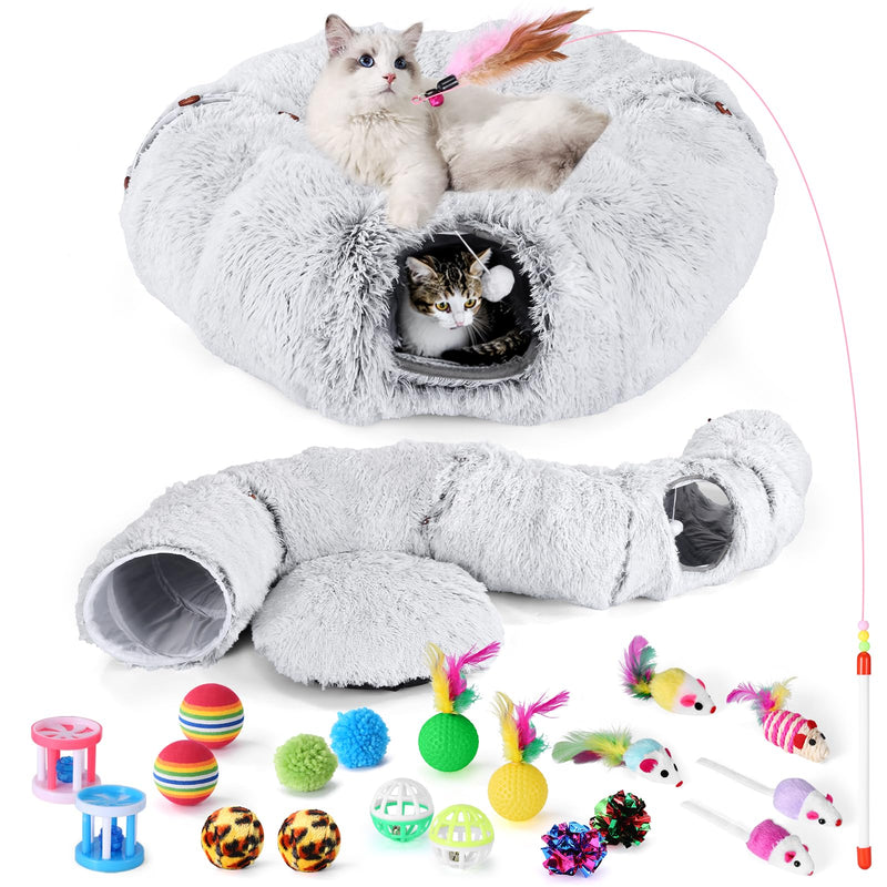 Cat Tunnel Bed with 20 Pcs Interactive Toys, 3-in-1 DIY Collapsible Plush Cat Tube with Washable Mat, Large Indoor Play Tunnel Cave for Kittens and Small Animals