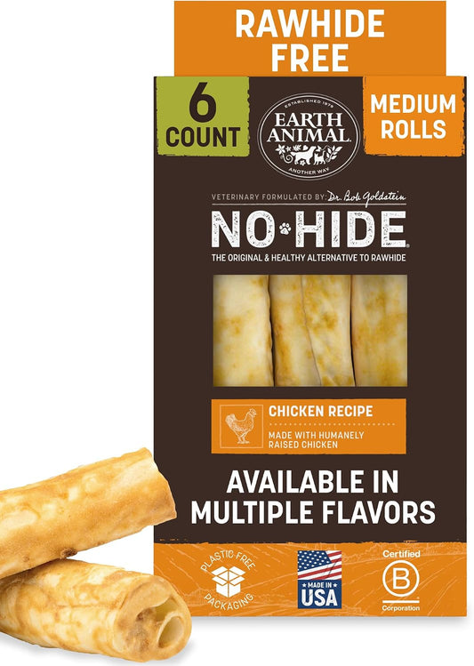 Earth Animal No Hide Chews - Long Lasting Rawhide Free Medium Dog Chews Rolls, Chicken - 6 Count
