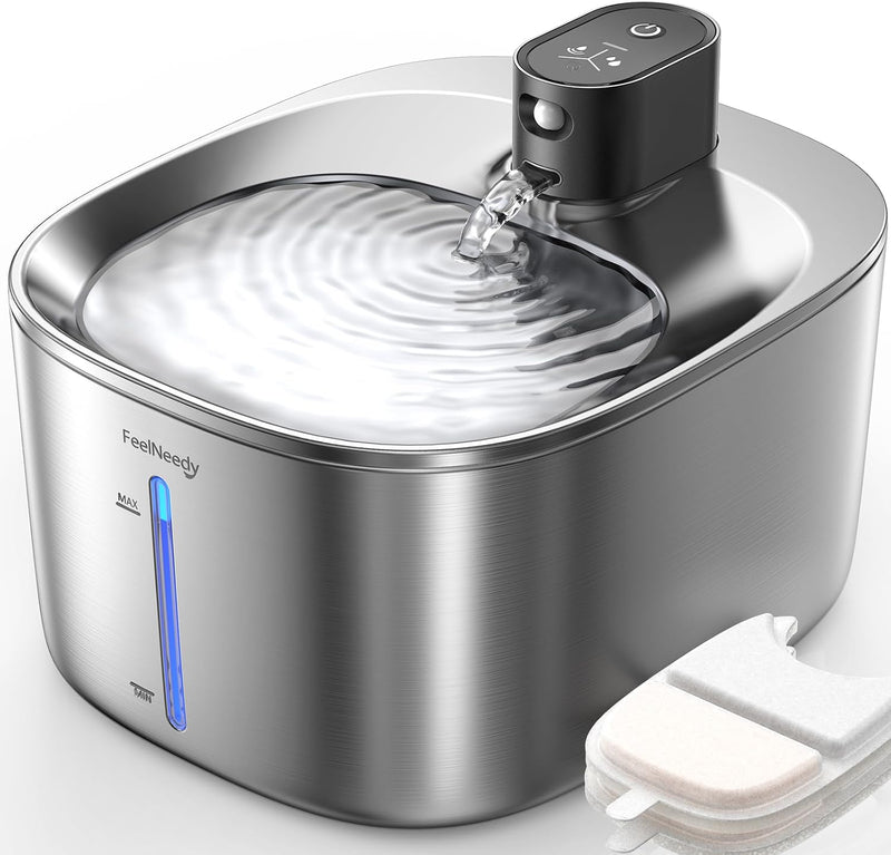 FEELNEEDY Wireless Cat Water Fountain Stainless Steel with Sensor, 4000mAh Battery Operated, 4L/135fl oz Pet Water Fount