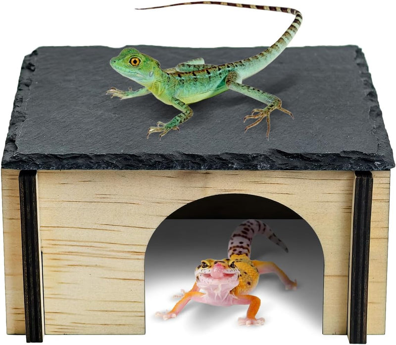 PINVNBY Bearded Dragon Basking Platform, Wood Reptile Hides and Caves, Crested Gecko Hide with Slate Rock, Leopard Gecko