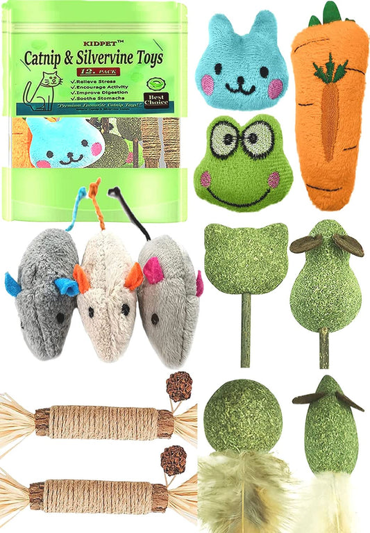 Kidpet 12 Pack Catnip & Silvervine Cat Toys — Organic Catnip Balls, Mice, Plush Kicker & Chew Sticks for Kittens & Adult Cats — Stress Relief, Teeth Cleaning, Hairball Aid, Indoor Interactive Play