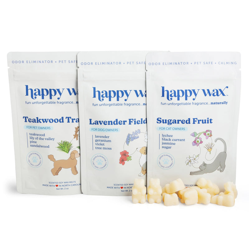 Happy Wax Pet Scents Collection: Pet Safe, Odor Eliminating, Non-Toxic Scented Soy Wax Melts – Total 6oz Variety Pack: Teakwood Trails, Lavender Fields, and Sugared Fruit
