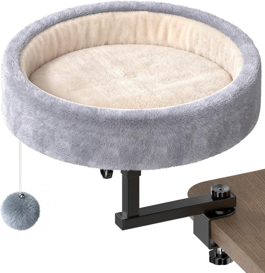 Chumajor Cat Desk Bed - 360° Rotating & Adjustable, Supports 50 lbs, Soft Faux Fur with Dual-Sided Reversible Mat, Modern Indoor Cat Nest Furniture for Office Desks and Game Tables, Island Table