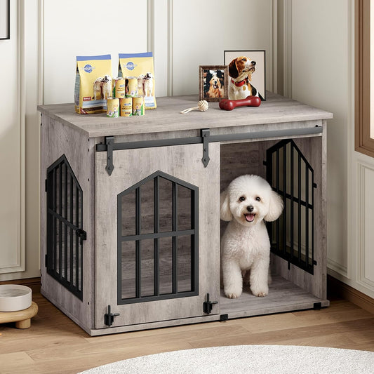 MAHANCRIS Dog Crate Furniture, 31.5" Farmhouse Dog Kennel with Sliding Barn Door, Wooden Dog Cage for Small Medium Dogs,