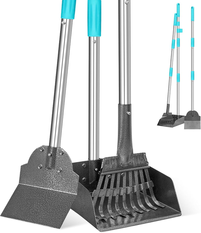 Pooper Scooper and Adjustable Long Handle Dog Pooper Scooper with Spade Shovel, Tray & Rake for Lawns Heavy Duty, Stainl