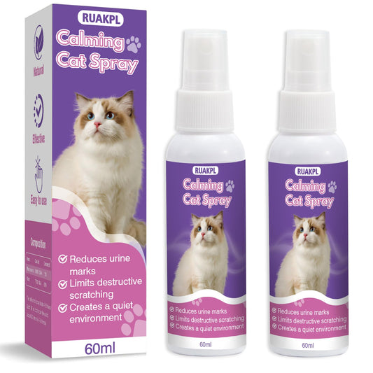 RUAKPL Cat Calming Spray 60 ML 2 Pack Calming Solution for Cats Cat Pheromone Spray Reduces Stress Anxiety Scratching Calming Spray for Cats Good for Home Travel Cat Pheromones Calming Spray