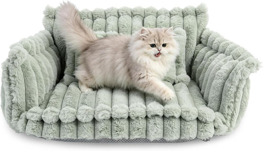 Cozy Fluffy Faux Rabbit Fur Cat Sofa Bed, 3-Sided Bolster Soft Pet Couch Bed, Non Slip Washable Small Dog Bed for Indoor