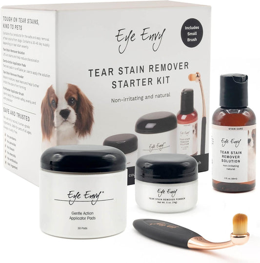 Eye Envy Dog Tear Stain Remover Starter Kit with ProPowder Brush | Stain Solution, Applicator Pads, Stain Powder and Sma