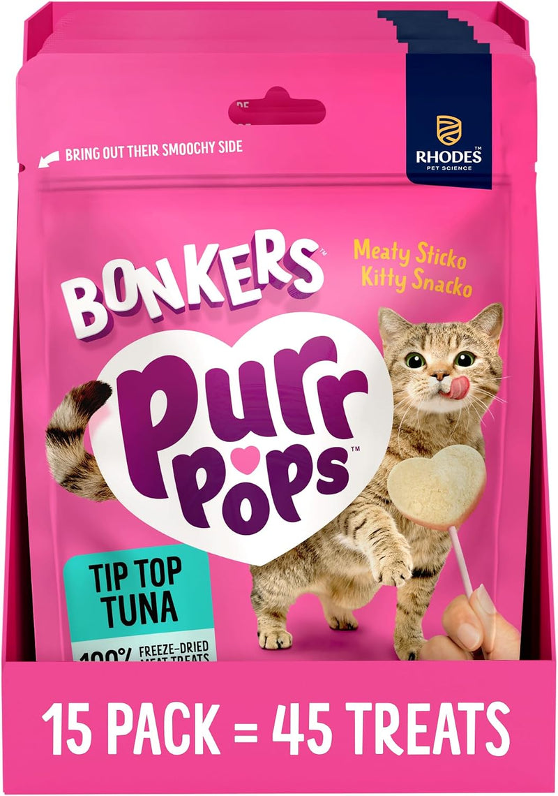 Bonkers Purrpops, Freeze Dried Tuna Flavored Lollipop Cat Treats, 15 Packs of 3 (45 Treats)